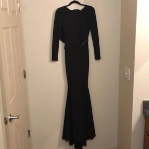 Long Sleeve Black Formal Gown with Satin Belt